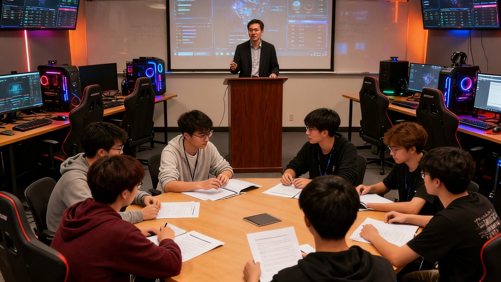 高校电竞专业课堂内，教授正在讲解电竞产业经济学，教室内配备专业电竞设备和数据分析终端，学生们分组讨论案例研究报告