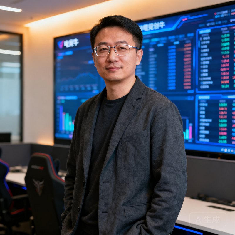 电竞牛创始人兼CEO张哲，四十岁左右男性，戴着无框眼镜，身穿深灰色休闲西装，背景是电竞牛办公室的数据大屏，神情专注而自信