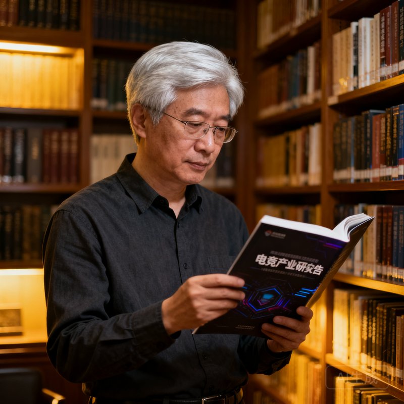 电竞牛联合创始人李明远教授，五十余岁学者形象，银发整齐，穿着深色衬衫，在书房中手持电竞产业研究报告，背景是满墙的学术书籍